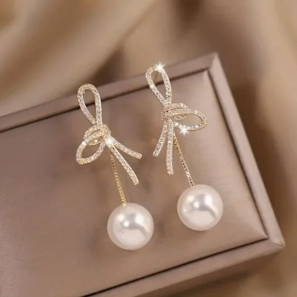 NEW Taylor Gold Pave Crystal Bow Pearl Drop Earrings Front to Back - Picture 2 of 3
